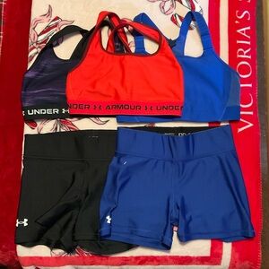 Under Armour Red and Blue Sports Bras with Black and Blue Shorts